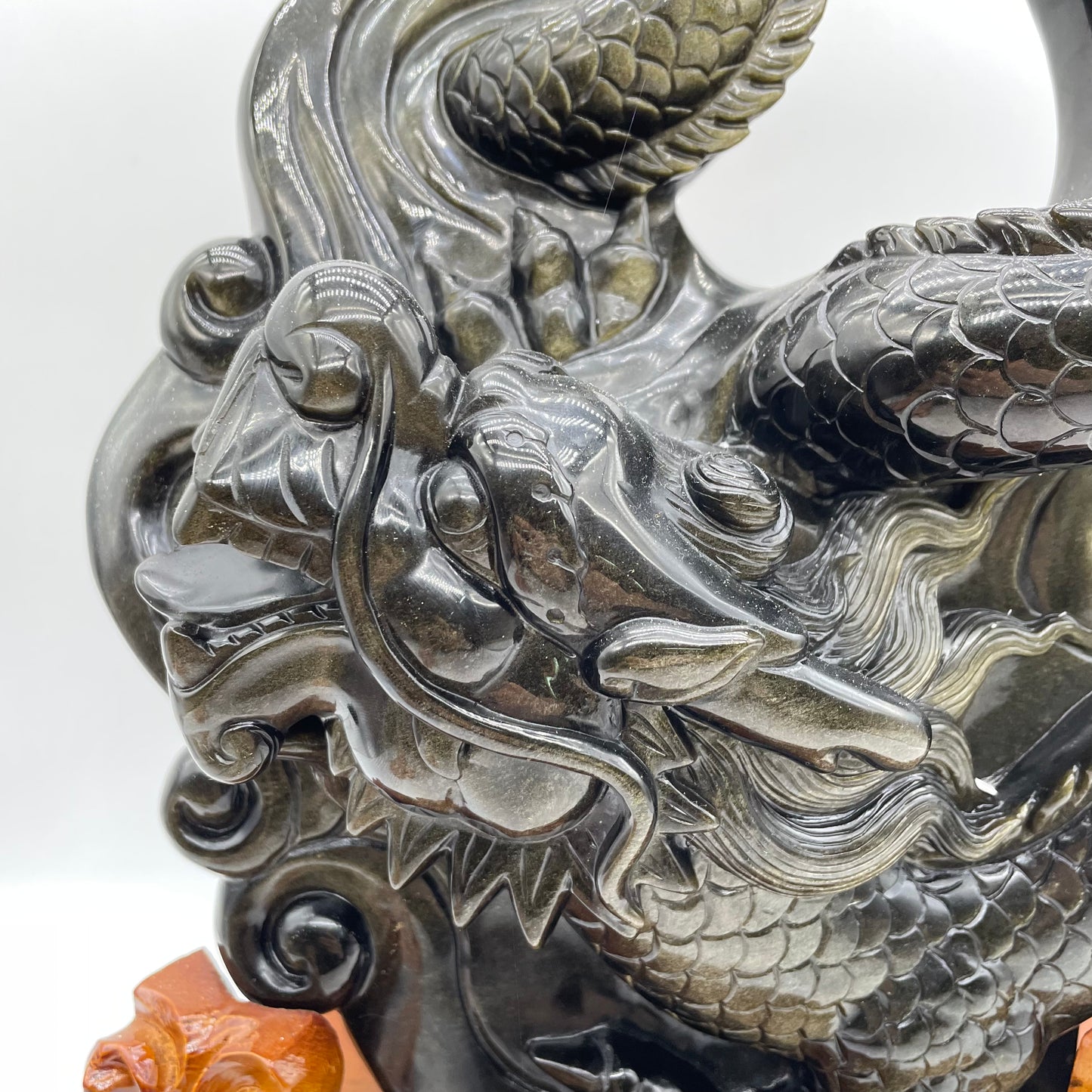 Obsidian Dragon Carving with Wood Stand