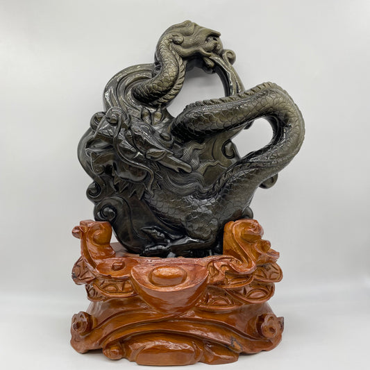 Obsidian Dragon Carving with Wood Stand