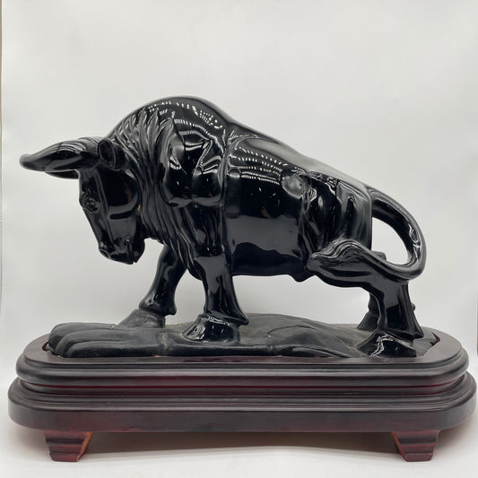 Obsidian Bull Carving with Wood Stand