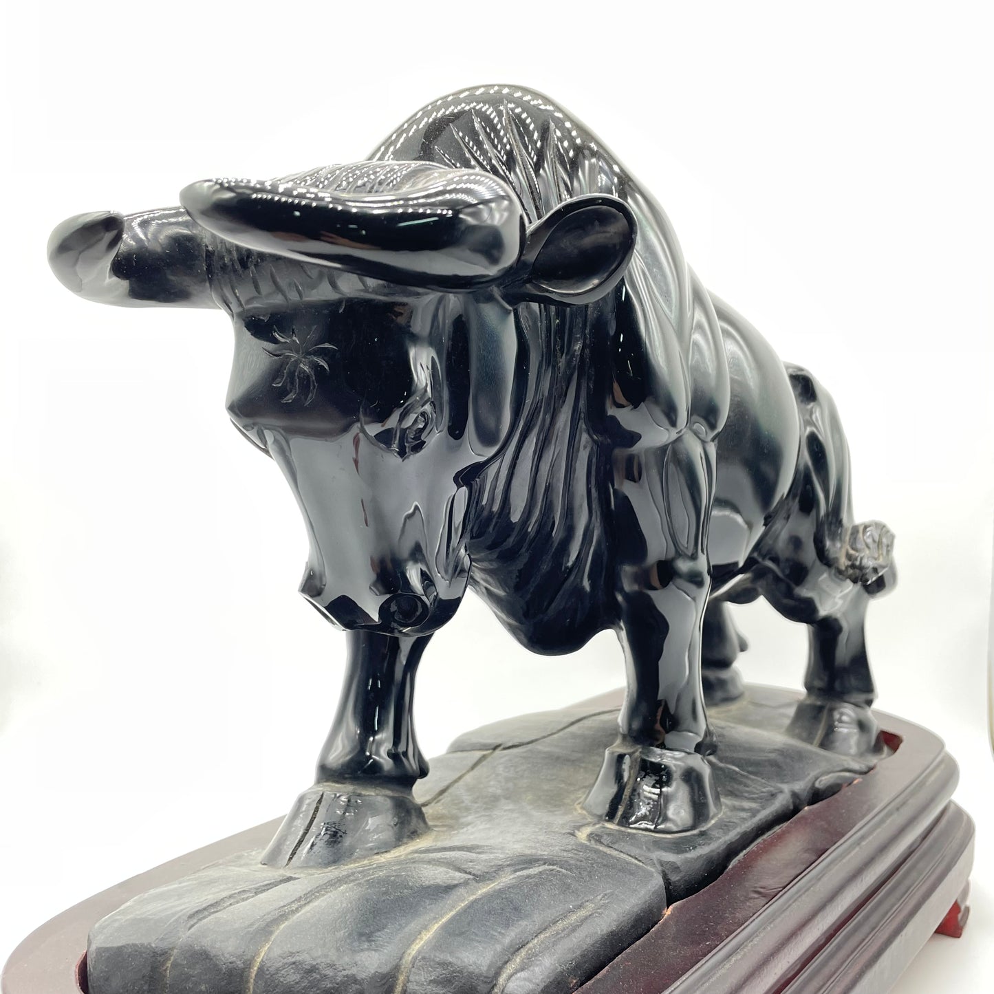 Obsidian Bull Carving with Wood Stand