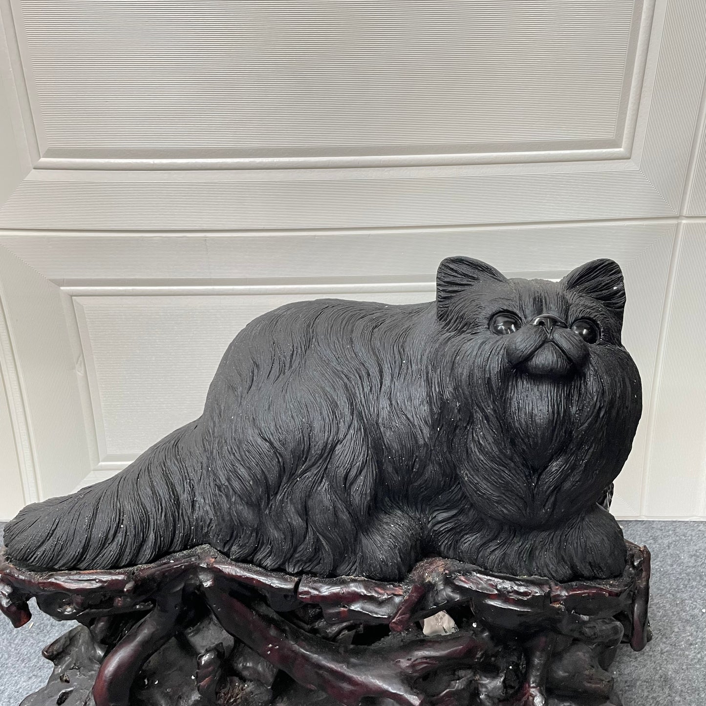 Obsidian Cute Kitty Cat Carving with Wood Stand