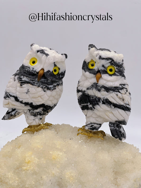 Zebra Jasper Owl Couple on Cluster